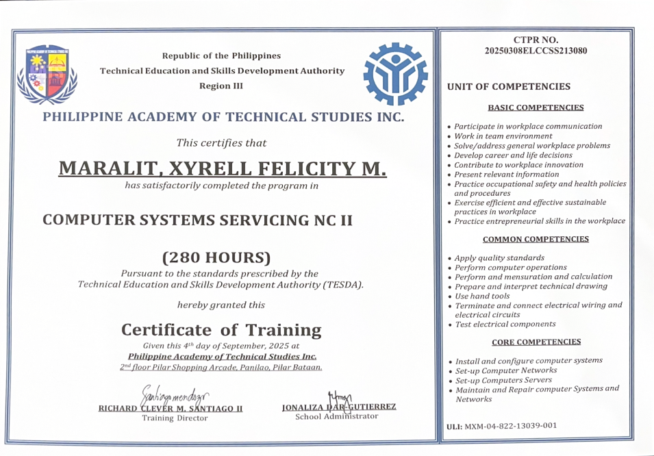 Computer Services Servicing NC II Certificate